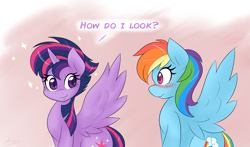 Size: 1901x1119 | Tagged: safe, artist:ambris, imported from derpibooru, rainbow dash, twilight sparkle, alicorn, pegasus, pony, alternate hairstyle, blushing, colored pupils, cute, dashabetes, duo, duo female, female, horn, lesbian, looking at each other, looking at someone, mare, punklight sparkle, shipping, smiling, spread wings, twiabetes, twidash, twilight sparkle (alicorn), wingboner, wings