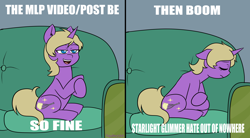 Size: 3652x2017 | Tagged: safe, artist:hayley566, imported from derpibooru, oc, oc only, oc:hay meadow, pony, unicorn, 2 panel comic, clone high, comic, couch, eyes closed, female, horn, mare, meme, sad, sitting, solo, spread wings, text, vent art, wings