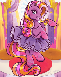 Size: 1080x1350 | Tagged: safe, artist:sparkytopia, imported from derpibooru, twinkle twirl, earth pony, pony, ballerina, ballet slippers, clothes, female, g3, looking at you, mare, playset, purple coat, smiling, solo, standing on two hooves, tutu