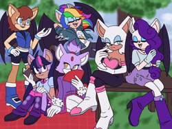 Size: 2048x1536 | Tagged: safe, artist:zurie0901, imported from twibooru, rainbow dash, rarity, twilight sparkle, anthro, bat pony, bat ponified, blaze the cat, book, clothes, eyes closed, folding fan, gloves, hand on hair, image, mobian, png, race swap, rainbowbat, raribat, rouge the bat, sally acorn, sonic the hedgehog (series), sonicified, twibat