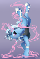 Size: 1280x1907 | Tagged: safe, artist:natanvok, imported from derpibooru, trixie, pony, unicorn, ballet slippers, clothes, female, gradient background, handstand, horn, leotard, magic, mare, solo, upside down