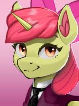 Size: 156x210 | Tagged: safe, artist:mustaphatr, artist:printik, edit, imported from derpibooru, apple bloom, alicorn, pony, equestria at war mod, alicornified, apple bloom's bow, bloomicorn, bow, bust, clothes, cmc world conquest timeline, hair bow, jacket, necktie, picture for breezies, portrait, race swap, shirt, solo