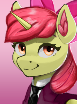 Size: 156x210 | Tagged: safe, alternate version, artist:aquamuro, artist:mustaphatr, artist:printik, edit, imported from derpibooru, apple bloom, alicorn, pony, equestria at war mod, alicornified, apple bloom's bow, bloomicorn, bow, bust, clothes, cmc world conquest timeline, hair bow, jacket, necktie, picture for breezies, portrait, race swap, shirt, solo