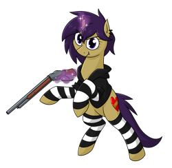 Size: 1863x1818 | Tagged: safe, artist:moonatik, imported from derpibooru, oc, oc only, oc:tuxy, pony, unicorn, clothes, commission, ear piercing, earring, female, gun, hoodie, horn, jewelry, leg warmers, magic, mare, piercing, shotgun, simple background, solo, transparent background, weapon