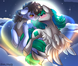 Size: 2451x2080 | Tagged: safe, alternate version, artist:yuris, imported from derpibooru, oc, oc only, oc:emerald stone, oc:otis, earth pony, pegasus, pony, alternate character, blushing, clothes, ears up, female, floppy ears, flying, full moon, imminent kissing, magic, magic aura, male, moon, night, shipping, sky
