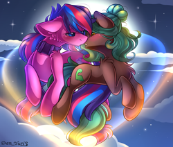 Size: 2451x2080 | Tagged: safe, alternate version, artist:yuris, imported from derpibooru, oc, oc only, oc:serenity pond, earth pony, pony, alternate character, blushing, clothes, ears up, female, floppy ears, flying, full moon, imminent kissing, magic, male, moon, night, rule 63, shipping, sky
