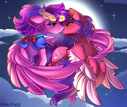Size: 2451x2080 | Tagged: safe, alternate version, artist:yuris, imported from derpibooru, pipp petals, oc, oc only, oc:crystal, pegasus, pony, alternate character, blushing, clothes, ears up, female, floppy ears, flying, full moon, g5, imminent kissing, lesbian, moon, night, shipping, sky, solo, solo female