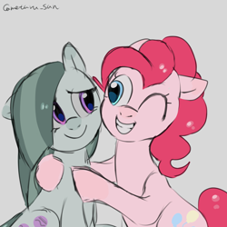 Size: 4096x4096 | Tagged: safe, artist:metaruscarlet, imported from derpibooru, marble pie, pinkie pie, earth pony, pony, cutie mark, gray background, looking at each other, looking at someone, simple background, smiling