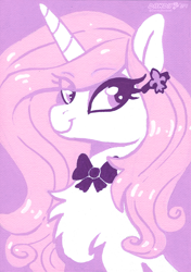 Size: 2918x4144 | Tagged: safe, artist:dandy, imported from derpibooru, fleur-de-lis, unicorn, acrylic painting, bow, eye clipping through hair, eyebrows, eyebrows visible through hair, eyeshadow, female, hairpin, high res, horn, limited palette, looking at you, makeup, mare, smiling, solo, traditional art