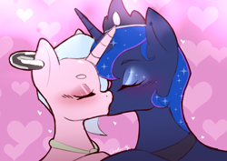 Size: 1488x1052 | Tagged: safe, artist:chiefywiffy, imported from derpibooru, princess luna, oc, oc:chiefy, alicorn, unicorn, canon x oc, ear piercing, earring, holiday, horn, jewelry, kissing, necktie, piercing, shipping, valentine, valentine's day