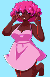 Size: 1736x2693 | Tagged: safe, artist:mylittleyuri, imported from derpibooru, pinkie pie, human, alternate hairstyle, barefoot, blue background, blushing, breasts, busty pinkie pie, clothes, cute, dark skin, diapinkes, dress, elf ears, feet, female, grin, humanized, nail polish, one eye closed, peace sign, simple background, smiling, solo, wink