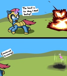 Size: 1200x1355 | Tagged: safe, artist:neuro, imported from derpibooru, butterfly, pony, unicorn, comic, descriptive noise, dialogue, explosion, female, glowing, glowing horn, guardsmare, horn, looking back, mare, panic, royal guard, running, solo, speech bubble, turned head