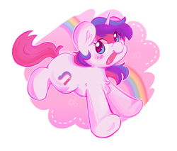 Size: 1280x1091 | Tagged: safe, artist:ohsotoasty, imported from derpibooru, oc, oc only, pony, unicorn, artfight, blushing, chest fluff, heart, heart eyes, heart tongue, horn, looking back, open mouth, open smile, signature, smiling, solo, tail, underhoof, unicorn oc, wingding eyes