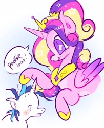 Size: 1660x2048 | Tagged: safe, artist:alexbeeza, imported from derpibooru, princess cadance, shining armor, alicorn, pony, unicorn, alternate design, alternate hairstyle, bags under eyes, big ears, big eyes, blaze (coat marking), blue mane, blushing, coat markings, colored belly, colored muzzle, colored pinnae, colored wings, colored wingtips, crown, duo, duo male and female, eyelashes, facial markings, female, folded wings, gradient background, gradient wings, height difference, hoof shoes, horn, jewelry, looking at someone, male, mare, meme, multicolored mane, open mouth, open smile, pale belly, peytral, pink coat, ponytail, princess shoes, purple eyes, regalia, shiningcadance, shipping, sketch, smiling, sparkly mane, speech bubble, starry eyes, straight, talking, text, the bride and the ugly ass groom, tiara, tied mane, two toned mane, two toned wings, unicorn horn, wall of tags, white coat, wide eyes, wingding eyes, wings