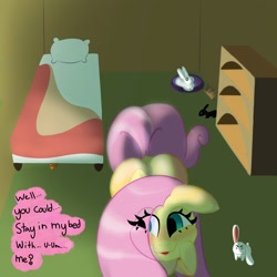 Size: 2048x2048 | Tagged: safe, artist:boneappleteeth, imported from derpibooru, angel bunny, fluttershy, pegasus, rabbit, animal, blushing, butt, butt blush, female, hoof on cheek, looking back, mare, plot, talking to viewer