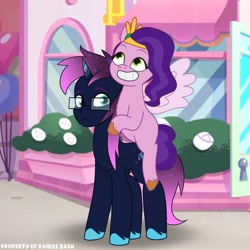 Size: 3600x3600 | Tagged: safe, artist:ramixe dash, imported from derpibooru, pipp petals, oc, oc:osiris eclipse, pegasus, pony, unicorn, colored horn, female, g5, glasses, horn, looking up, male, mane melody (location), mare, my little pony: tell your tale, osirispetals, riding, riding a pony, screencap background, shadow, stallion, text, watermark