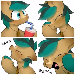 Size: 4096x4096 | Tagged: safe, artist:mochi_nation, imported from derpibooru, oc, oc only, earth pony, pony, bust, commission, drink, drinking, drinking straw, eyes closed, facehoof, floppy ears, hoof hold, laughing, male, simple background, solo, stallion, unshorn fetlocks, white background, yawn