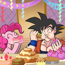 Size: 1500x1500 | Tagged: safe, artist:madmax, imported from derpibooru, pinkie pie, earth pony, pony, saiyan, 2011, banner, cake, cheek bulge, clothes, crossover, cupcake, dragon ball, dragon ball z, duo, duo male and female, eating, eyes closed, female, food, gi, hoof hold, humanoid, indoors, light skin, male, mare, messy eating, party, pie, puffy cheeks, son goku, streamers, wristband
