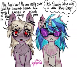 Size: 1704x1501 | Tagged: safe, artist:joyoused, imported from derpibooru, derpy hooves, dj pon-3, vinyl scratch, bat pony, pony, unicorn, dialogue, duo, english, female, horn, illegible, mare, simple background, talking, white background