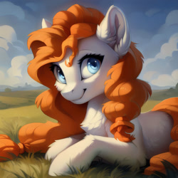 Size: 1536x1536 | Tagged: safe, imported from derpibooru, pear butter, pony, ai content, ai generated, bust, chest fluff, ear fluff, female, field, generator:stable diffusion, looking at you, lying down, mare, nature, outdoors, portrait, prompter:seashell, smiling, smiling at you, solo