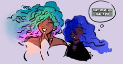 Size: 1488x781 | Tagged: safe, artist:eeriezoundzz, imported from derpibooru, princess celestia, princess luna, human, dark skin, duo, duo female, female, giggling, humanized, speech bubble, talking