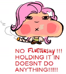 Size: 1280x1432 | Tagged: safe, artist:eeriezoundzz, imported from derpibooru, fluttershy, human, equestria girls, drugs, flutterhigh, high, humanized, meme, simple background, smoke, smoking, solo, white background