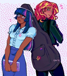 Size: 1414x1608 | Tagged: safe, artist:eeriezoundzz, imported from derpibooru, sunset shimmer, twilight sparkle, human, equestria girls, dark skin, duo, duo female, female, humanized, lesbian, shipping, shy, sunsetsparkle
