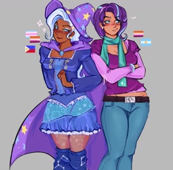 Size: 1560x1538 | Tagged: safe, artist:eeriezoundzz, imported from derpibooru, trixie, human, argentina, clothes, dark skin, duo, duo female, female, humanized, lesbian pride flag, philippines, pride, pride flag, shirt, skirt, transfeminine pride flag