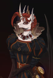 Size: 1200x1762 | Tagged: safe, artist:hilloty, imported from derpibooru, oc, oc only, alicorn, anthro, bat wings, clothes, crown, demicorn, dress, female, gloves, jewelry, princess, regalia, simple background, solo, steampunk, wings