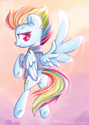 Size: 1369x1931 | Tagged: safe, artist:wavecipher, imported from derpibooru, rainbow dash, pegasus, pony, female, flying, looking at you, looking back, looking back at you, mare, older, older rainbow dash, rear view, sky, smiling, smiling at you, solo, spread wings, tail, wings