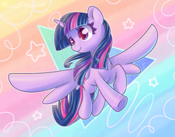 Size: 1443x1127 | Tagged: safe, artist:wavecipher, imported from derpibooru, twilight sparkle, alicorn, pony, abstract background, female, flying, gradient background, horn, mare, smiling, solo, spread wings, twilight sparkle (alicorn), wings