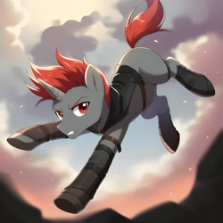 Size: 2048x2048 | Tagged: safe, imported from derpibooru, oc, oc only, oc:kardy wing, pony, unicorn, fallout equestria, action pose, armor, clothes, horn, jumping, male, solo, wasteland