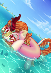 Size: 2480x3508 | Tagged: safe, artist:wavecipher, imported from derpibooru, autumn blaze, kirin, awwtumn blaze, cloud, cloven hooves, cute, female, high res, horn, inner tube, kirinbetes, outdoors, palm tree, pool toy, sky, smiling, solo, tail, tree, underwater, unshorn fetlocks, water