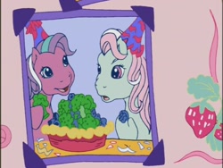 Size: 640x480 | Tagged: safe, imported from ponybooru, screencap, minty, sweetberry, a charming birthday, blueberry broccoli pie, brocolli and blueberry pie, g3, ponyville surprise birthday book