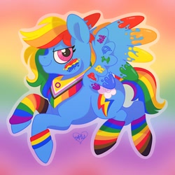 Size: 2048x2048 | Tagged: safe, alternate version, artist:alithinksshecandraw, imported from derpibooru, rainbow dash, pegasus, pony, 2022, bandana, bracelet, clothes, face paint, gradient background, jewelry, looking at you, outline, pansexual pride flag, pride, pride flag, progress pride flag, rainbow background, signature, smiling, socks, solo, striped socks