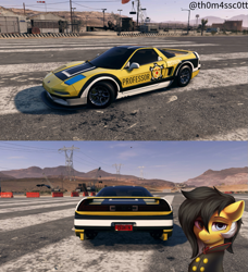 Size: 987x1080 | Tagged: safe, artist:snowy starshine, imported from derpibooru, oc, oc only, oc:zedwin, earth pony, pony, airfield, car, clothes, honda, honda nsx, mountain, mountain range, need for speed, sky, suit