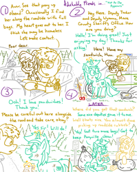 Size: 4779x6013 | Tagged: safe, artist:adorkabletwilightandfriends, imported from derpibooru, bon bon, lyra heartstrings, sweetie drops, oc, oc:tucker, oc:wyanna, comic:adorkable twilight and friends, adorkable, adorkable friends, automobile, bag, can, car, charity, cleaning, comic, confusion, cute, dirty, dork, empathy, food, happy, helping, kindness, lunch bag, magic, mud, muddy, oblivious, paper, police, police car, road, road sign, sandwich, sheriff, sitting, smiling, stick, trash, volunteering, walkie talkie, watch