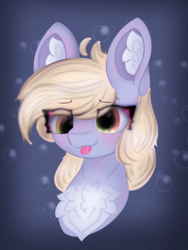 Size: 2688x3582 | Tagged: safe, artist:sodapop sprays, imported from derpibooru, derpy hooves, pegasus, pony, :p, blushing, bust, chest fluff, commission, derp, ear fluff, happy, solo, tongue out, ych result, your character here