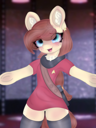 Size: 3018x4022 | Tagged: safe, artist:sodapop sprays, imported from derpibooru, oc, oc only, oc:naomi horsely, earth pony, pony, semi-anthro, bipedal, clothes, combadge, incoming hug, looking at you, offering hug, pogchamp, socks, solo, standing, star trek, star trek (tos), thigh highs, uniform