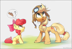 Size: 1447x981 | Tagged: safe, artist:ramiras, imported from derpibooru, apple bloom, applejack, earth pony, pony, apple bloom's bow, apple sisters, applejack's hat, aviator goggles, aviator hat, blank flank, bow, cowboy hat, duo, duo female, female, filly, foal, goggles, hair bow, hat, looking up, mare, open mouth, pictogram, pilotjack, question mark, siblings, sisters, sitting, speech bubble