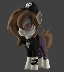 Size: 540x602 | Tagged: safe, artist:chocokumiko, imported from twibooru, oc, oc only, oc:kumikoshy, earth pony, pony, 3d, beanie, bracelet, choker, clothes, earth pony oc, female, fishnets, hat, image, jewelry, mare, pants, png, simple background, solo, spiked choker, spiked wristband, tail, torn clothes, wip, wristband