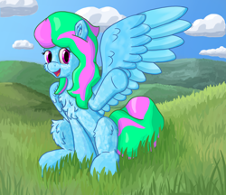 Size: 2500x2160 | Tagged: safe, alternate version, artist:callichrome, imported from derpibooru, oc, oc only, pegasus, pony, chest fluff, coat markings, dappled, female, g5, grass, grassy hills, looking at you, outdoors, pegasus oc, smiling, smiling at you, solo, spread wings, waving, waving at you, wings