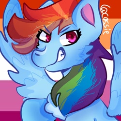 Size: 1024x1024 | Tagged: safe, artist:cassie!, imported from derpibooru, rainbow dash, pegasus, pony, 2021, female, icon, lesbian pride flag, looking at you, pride, pride flag, signature, smiling, smiling at you, solo