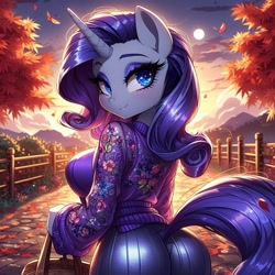 Size: 1024x1024 | Tagged: safe, imported from derpibooru, rarity, anthro, ai content, ai generated, ass, autumn, basket, blushing, breasts, busty rarity, butt, clothes, cloud, evening, female, fence, generator:dall-e 3, leaves, looking at you, looking back, prompter:glimmy-glam, rearity, shiny, smiling, solo, sweater, the ass was fat, tree