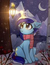 Size: 2000x2578 | Tagged: safe, artist:radioaxi, imported from derpibooru, minuette, pony, unicorn, cheek fluff, clothes, crescent moon, cute, ear fluff, female, floppy ears, glowing, glowing horn, high res, horn, lantern, levitation, magic, magic aura, mare, minubetes, moon, scarf, sitting, snow, snowfall, snowflake, solo, striped scarf, telekinesis, winter