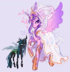 Size: 2450x2533 | Tagged: safe, artist:peachmichea, imported from derpibooru, princess cadance, queen chrysalis, alicorn, changeling, changeling queen, pony, alternate hairstyle, bags under eyes, bracelet, cadalis, clothes, dress, duo, duo female, eyeshadow, female, floating heart, heart, height difference, hoof shoes, horn, horn ring, infidelity, jewelry, lesbian, lidded eyes, makeup, mare, meme, peytral, princess shoes, raised hoof, redraw, regalia, ring, shipping, signature, simple background, size difference, smiling, spread wings, subverted meme, tail, the bride and the ugly ass groom, tiara, toy interpretation, wedding dress, wedding veil, wings