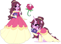 Size: 5142x3752 | Tagged: safe, artist:gihhbloonde, imported from derpibooru, twilight sparkle, human, pony, unicorn, equestria girls, belle, book, clothes, crossover, crossover fusion, disney, disney princess, dress, ear piercing, earring, female, fusion, fusion:belle, fusion:twilight sparkle, gloves, hair bun, hoof hold, horn, jewelry, lightly watermarked, lipstick, mare, piercing, purple eyes, raised hoof, self paradox, self ponidox, simple background, smiling, solo, standing, transparent background, watermark, we have become one