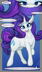 Size: 875x1500 | Tagged: safe, artist:krasney, imported from derpibooru, rarity, pony, unicorn, comic, female, horn, hypnogear, looking at you, mare, mind control, offscreen character, open mouth, open smile, pet play, raised hoof, smiling, smiling at you, talking to viewer, transformation, transformation sequence, visor