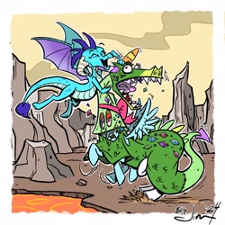 Size: 2048x2048 | Tagged: safe, artist:jim miller, imported from derpibooru, princess ember, rainbow dash, rarity, twilight sparkle, dragon, pony, crackle's cousin, dragon costume, dragoness, female, lava, mare, motion lines, noogie, passepartout, signature, spread wings, wings