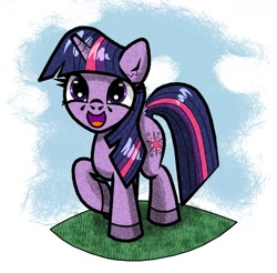 Size: 1848x1816 | Tagged: safe, artist:scandianon, imported from derpibooru, twilight sparkle, pony, unicorn, female, happy, horn, looking up, mare, open mouth, open smile, outdoors, raised hoof, smiling, solo, unicorn twilight